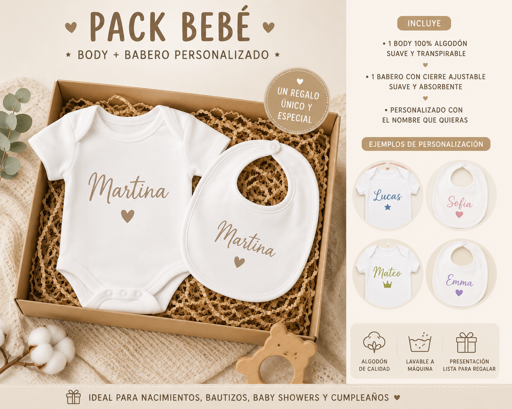 Pack Nacimiento Básico | Body + Babero Personalizado
