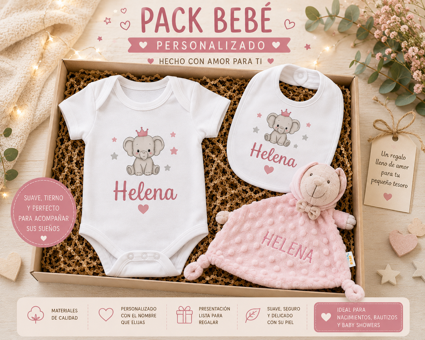 Pack Nacimiento Completo | Body + Babero + Doudou Personalizado