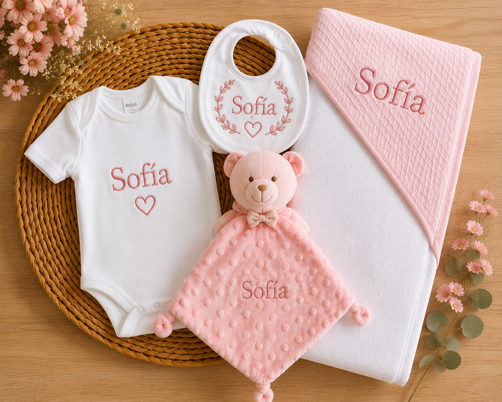 Pack Nacimiento Baño | Body + Babero + Toalla Artesanal Bordada
