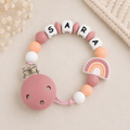 Chupetero personalizado con cuentas de silicona — Arcoíris rosita y beige