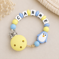 Chupetero personalizado con cuentas de silicona — Pingüino azul y amarillo