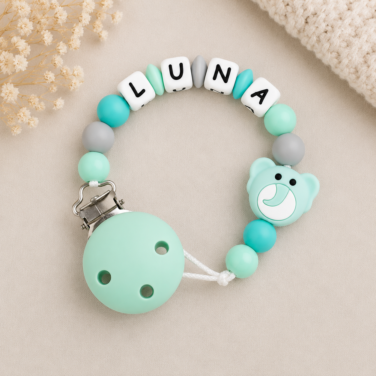 Chupetero personalizado con cuentas de silicona — Elefante verde
