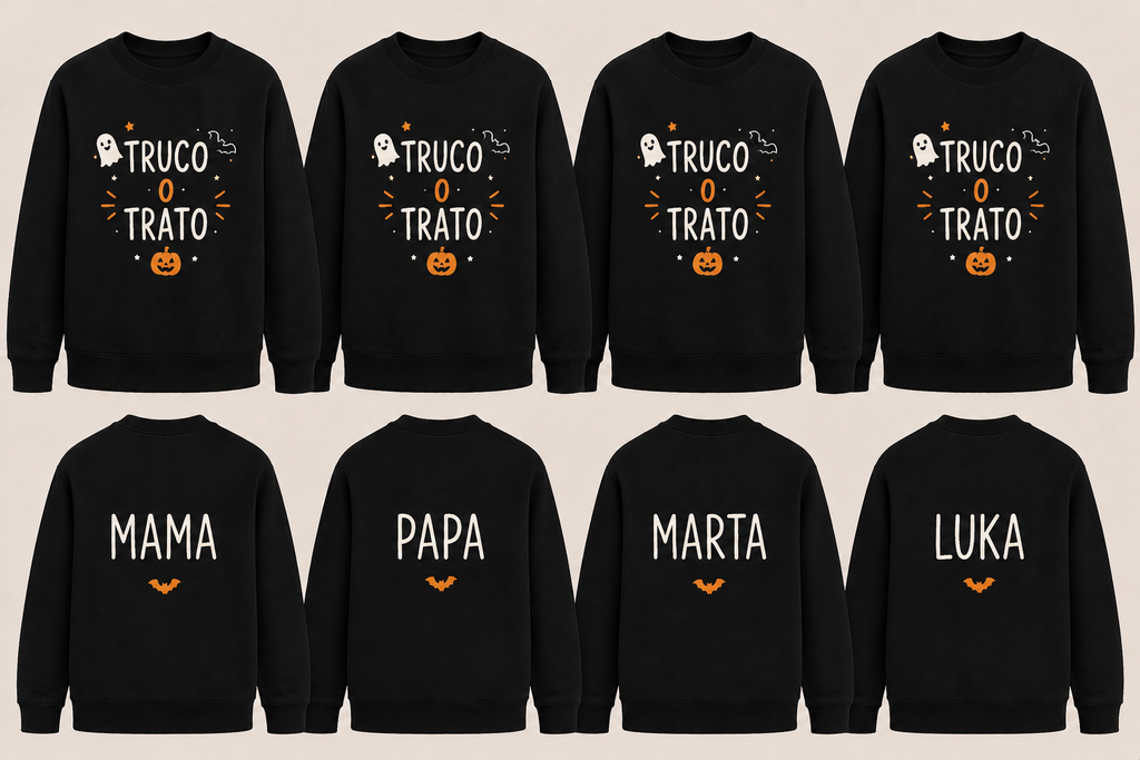 Pack Halloween Familia | 2 Sudaderas Adulto + 2 Sudaderas Niño Personalizadas