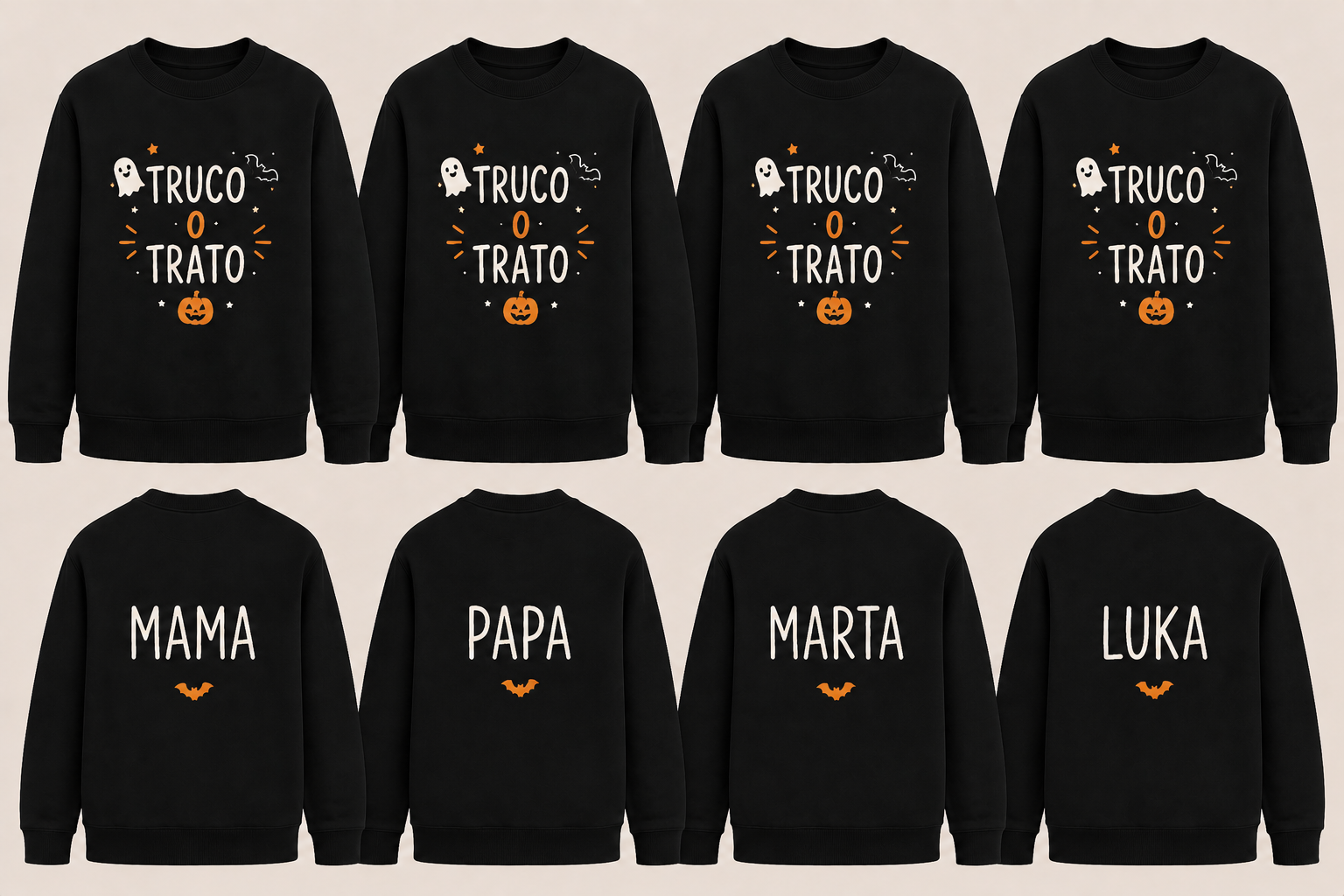 Pack Halloween Familia | 2 Sudaderas Adulto + 2 Sudaderas Niño Personalizadas